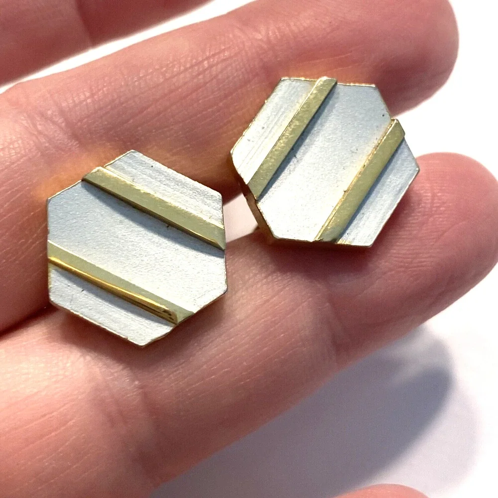 Vintage Mid Century Cufflinks Goldtone & Frosty Silvertone Geometric Hexagon